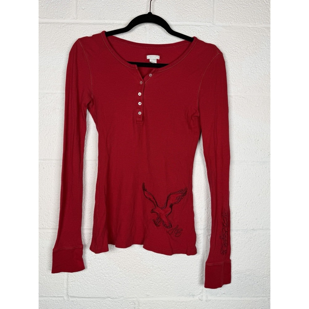 American Eagle Outfitters Small Red Thermal Henley Y2K Eagle Embroidered Top